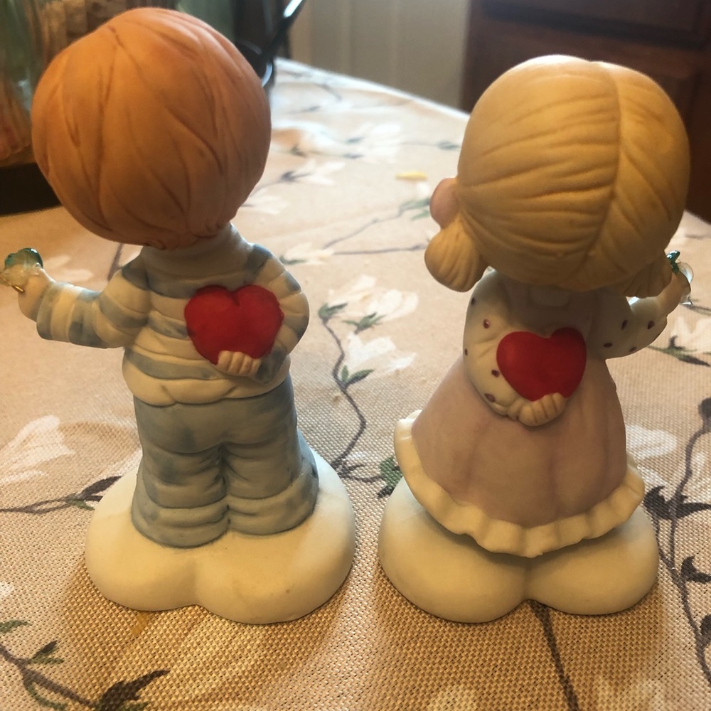 Flambro porcelain figurines, darling girl and boy with hearts.